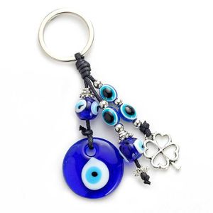 Turkiska Blå Evil Eye Keychain Bil Hängsmycke Keychain Med Blå Pärlor Fyra Leaf Clover Keychain Good Luck House Keyring G1019