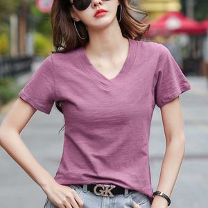 T-shirt estiva a maniche corte da donna allentata taglie forti bianche top con scollo a V in cotone spaccato versione coreana abiti casual 14183 210527