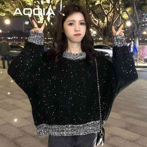 Pullover da donna in maglia stile coreano oversize maglione da donna con paillettes lucide maglioni invernali da donna allentati taglie forti 210521