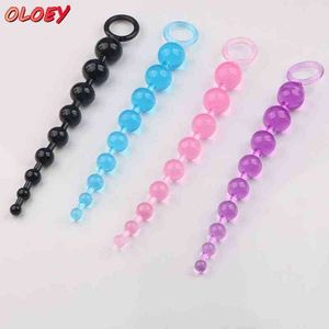 Nxy Giocattoli anali sessuali Oloey Perle di silicone Sfera di cristallo Butt Plug Orgasmo in gomma morbida lunga Vagina Clitoride Pull Ring Toy Stimolatore femminile adulto 1206