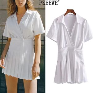 Box Pleated White Short Jumpsuit Dress Women Summer Fashion Wrap Sleeve Mini Woman Casual es 210519