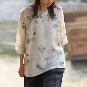 Johnature Women Ramie T-shirts och toppar Vintage O-Neck Seven Ärm Kläder Vår Kinesisk stil Knapp Skriv ut Blommor Blusar 210521
