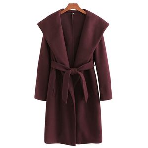 Casual Woman Oversized Sashes Hooded Woolen Coat Fashion Ladies Autumn Loose Burgund Outwear Female Chic Warm Jacket 210515