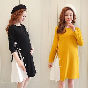 Umstandskleider Schwangerschaftskleidung Frühlings-Herbstkleid Unregelmäßig genähte Kleider Lose Langarm Koreanischer Stil