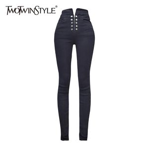 Twotwinstyle Elastyczne Spodnie Ołówkowe Dla Kobiet Wysokiej Talii Slim Black Solid Minimalistyczne spodnie Kobiet Mody Odzież 210517