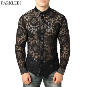 Mäns Sexiga See Through Black Lace Shirt Slim Fit Långärmad Fishnet Clubwear Skjorta Män Blomma Broderi Transparent Sheer Toppar 210522