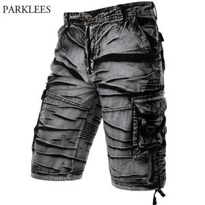 Grå Camo Cargo Shorts Män Bomull Mäns Kortbyxor Bekväm Bermuda Masculina Avslappnad Fit Multi-Pocket Pantalon Corto Hombre 210622