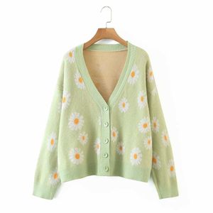 Süße Button Down Pullover Strickjacke Frauen Lose Strickmantel Herbst Frühling Casual Dame Langarm V-ausschnitt Floral Oberbekleidung Pullover Y0825