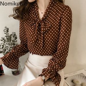 Nomikuma plus storlek långärmad punkt chiffong blus slips krage casual lösa skjortor kvinnliga mode toppar blusas mujer 3c478 210514