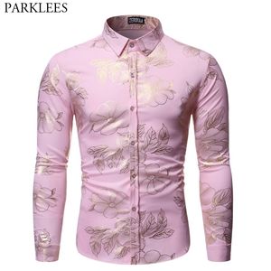 Золотой цветочный принт вечеринка рубашка мужчины осень тонкий подходит с длинным рукавым мужские платья рубашки повседневная кнопка вниз по химизу Homme Pink 210522