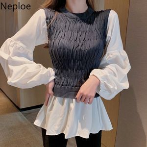 Neploe Blouse Women Patchwork Knitted Fake Two Piece Blusas Mujer Lantern Sleeve Slim Fit Shirt Fashion Korean Tops 94763 210422