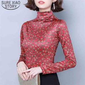 Slim Autumn Turtleneck Female Tops Arrival Long Sleeve T Shirts Elegant Print Office Lady Clothes Blusas 7466 50 210506