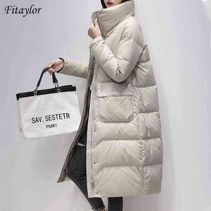 Fitaylor Winter Stand Collar Long Feather Jacket Women 90% White Duck Down Coat Casual Loose Parker Snow Fluffy Warm Outwear 211130