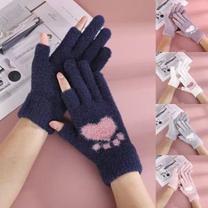 New Winter Warm Fur Gloves Breathable Two Fingers Touch screen Mittens Cute Paw Print Open Half finger Women Thicken Gloves