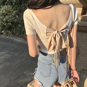 T-shirt das mulheres camisetas Mulheres Backless Slim Sexy All-Match Verão Fino Clássico Colégio Ins Doce Adorável Coreano Tops Fashion Streetwear Colheita