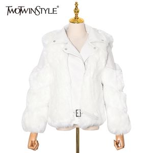 TWOTWINSTYLE Korean Patchwork Fluff Jacket For Women Lapel Long Sleeve Elegant White Thick Jackets Female Fashion Clothing 210517