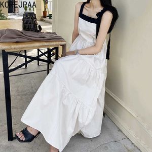 Korejpaa Women Dress Summer Korean Chic Ladies Square Collar Contrast Stitching High Waist Loose Tie Bow Suspender Vestidos 210526