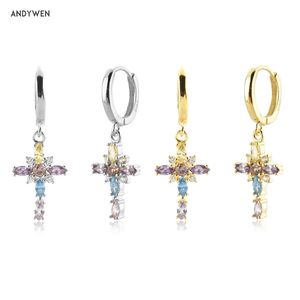 Andywen 925 Sterling Silver Rainbow CZ Cross Drop Kolczyk Piercing Luksusowe Kryształ Kobiety Biżuteria Prezent Pętle Rock Punk 210608