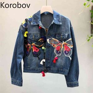 Korobov Korean Long Sleeve Short Bomer Jackets Harajuku Cartoon Bow Denim Jacket Korean Embroidery Pockets Crop Coats 79004 210430