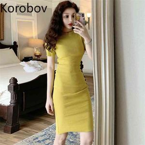 Korobov Vintage Elegant Solid Women Dress Summer Short Sleeve O Neck Slim Vestidos Korean Knit A Line Dresses Women 78392 210430