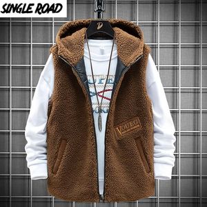 SingleRoad Mens Winter Fleece Vest Men 2021 Brown Solid Sleeveless Jacket Male Hooded Coat Windproof Bodywarmer Waistcoat Men's Vests