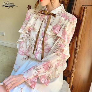 Busas Mujer Autunno soffio a maniche lunghe Floral Women Office Chiffon Cardigan Shirts Korean Ladies Tops 10449 210521