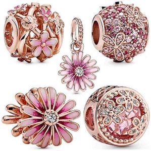 Fit Pandora Charm Bracelet Mix Theme Daisy Flower Rose Gold Silver Enamel Charms Pendant Bead 925 Silver Dangle DIY Jewelry European Snake Chain Necklace & Bangle