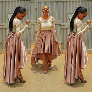 2021 Yüksek Düşük Pembe Balo Elbise Bella Naija Gelinlik Modelleri Dantel Üst Düğün Konuk Elbiseler Uzun Kollu Artı Boyutu Abiye giyim