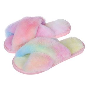 Slippers tie-dye women sapatos de inverno plana doce casa mulher quente e quente deslizamento macio em chinelos femininos coloridos