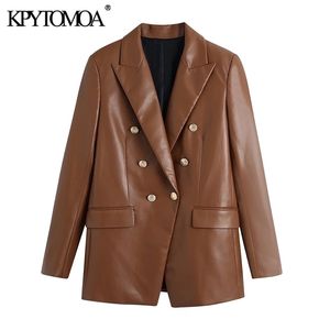 KPyTomoa Mulheres Moda com Botão Faux Leather Blazer Casaco Vintage Manga Longa Flap Pockets Feminino Vesté Femme 211122