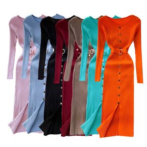 Осенние женские темперамент O шеи пряжка тонкие талии бедра свитер платье женские эластичные трикотажные элегантные MIDI платье женское мода Y1006