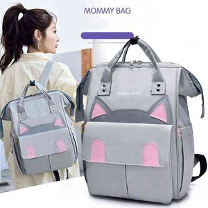 2021 Ny Cartoon Cat Mommy Maternity Ryggsäckar Stora Kapacitet Axelväskor Vattentät Nylon Mummy Väska Baby Diaper Travel Bag Y1105