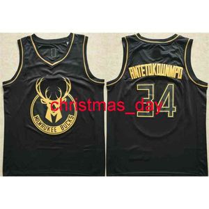 Stitched Custom Giannis Antetokounmpo # 34 Black Gold Jersey Mäns Kvinnor Youth Basketball Jersey XS-6XL