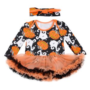 Çocuk toptan kız bebek sonbahar ve kış karikatür cadılar bayramı tulum kabak uzun kollu prenses elbise iki parçalı set