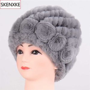 Winter Women Flower Striped Natural Real Fur Hats Lady Warm Knit Genuine Rex Rabbit Caps Outdoor Beanies 211119