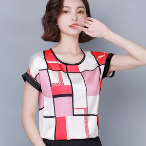 Korean Heavy Silk Women Blouses Woman Satin Print Tops Plus Size Casual Plaid Top Blusas Mujer De Moda 210427