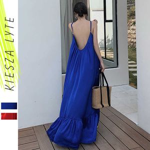 Kadınlar Plaj Tatil Elbise Zarif Boho Seksi Peri Katı Kırmızı Mavi Backless Kolsuz Gevşek Zemin Elbiseler Kadın Yaz Vestidos 210608