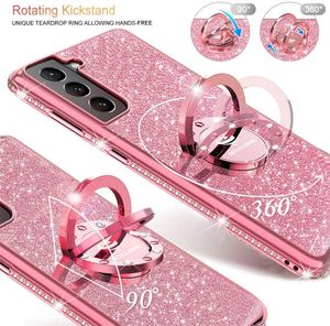 Högkvalitativa kvinnor tjejer glitter Söt telefonfall med ring kickstand, bling Diamond Rhinestone Bumper Protective Soft Case för Galaxy Samsung S21 S20 iPhone 12 11