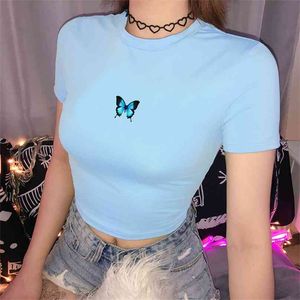 Moda Cartoon Blue Crop Top Harajuku O Neck Cropped T Shirt Cute Women T-shirt Gothic Tshirt Streetwear 210720