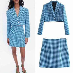 Women Summer Plaid Skirts Suits 2-piece sets ZA Short Blazers Coats and Female Elegant OL Clothes 210513