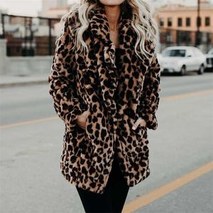 Lüks Faux Kürk Kadın Kış Moda Leopar Baskı Giyim Sıcak Uzun Kollu Yapay Ceket Peluş Giyim 211220