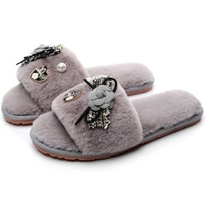 Faux Fur Slippers Women Home Heart Winter Warm Slip On Flats Slides Female House Shoes Wholesale