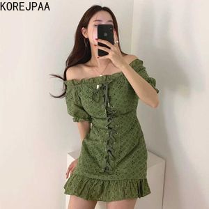 Korejpaa Women Dress Summer Korea Chic Girl Lotus Leaf Stitching Drawstring Lace Design Hollow Shoulder Puff Sleeve Vestido 210526