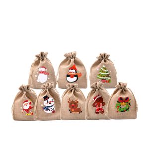 Christmas Linen Bag Drawstring New Year Holiday Gift Sack Santa Fashion Festive Decorations Candy Claus Present Bags Printed Canvas Collection