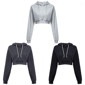 Autunno Donna Solid Crop Manica lunga Cappotto pullover con cappuccio grigio nero Felpa casual Harajuku femminile Top 3 colori1