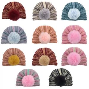 Baby Kids Winter Confetti Stickad Turban Hat Muslim Hijab Indisk stil Pom Pom Beanie Caps Boys Flickor Sticka Hårförlust Head Wrap Chemo Headwear Earmuffs