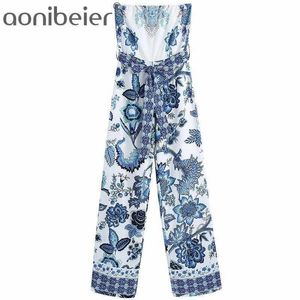 Tryckta sommarärmar Rompers Casual High Waist Wide Leg Jumpsuit med sashes Kvinnliga Strapless Jumpsuits 210604