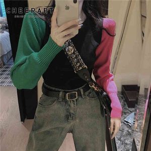 Color Block Sweater Pullover Women Colorful Winter Jumpers Knitwear Casual Top Designer Fall 210427