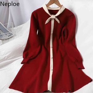 Kadınlar için Neploe Örme Elbise Moda Lace Up Standı Boyun Vestidos Tek Göğüslü Kore Tatlı Slim Fit Robe Elbise Kadın 210422