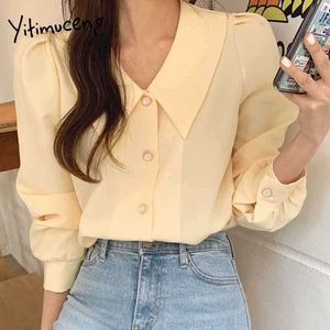 Yitimuceng Button Up Camisa Mulheres Escritório Senhora Chiffon Tops Coreano Moda Blusa Unicolor Amarelo Manga Longa Primavera Verão 210601